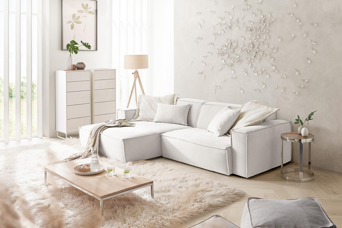 ECKSOFA SAMU Weiß Cord - Schwarz/Weiß, Textil (276/168cm) - KAWOLA