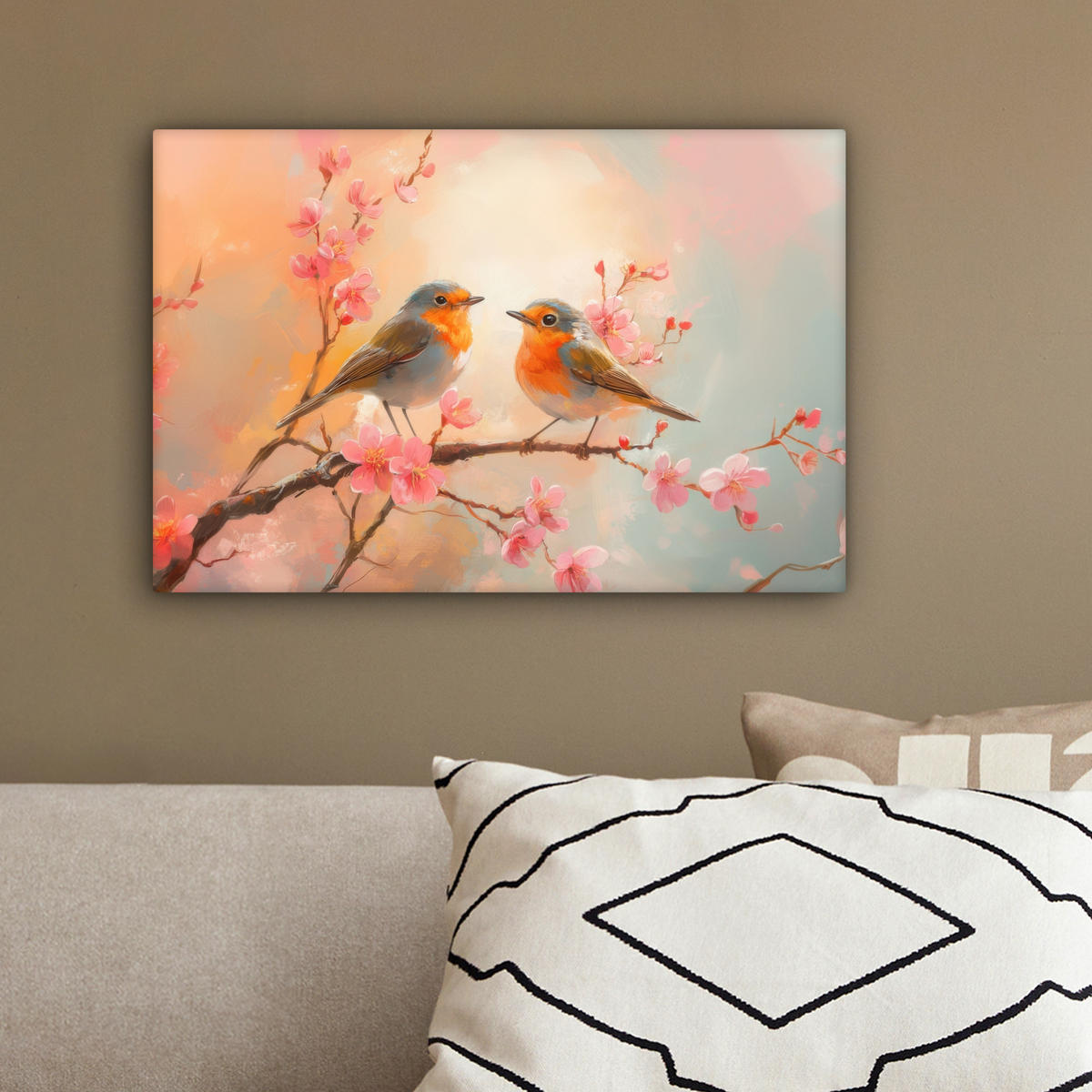 LEINWANDBILD Rotkehlchen - Zierpflanze - Blütenzweig 30x20 cm - Hellrosa, Textil (30/20cm) - MuchoWow