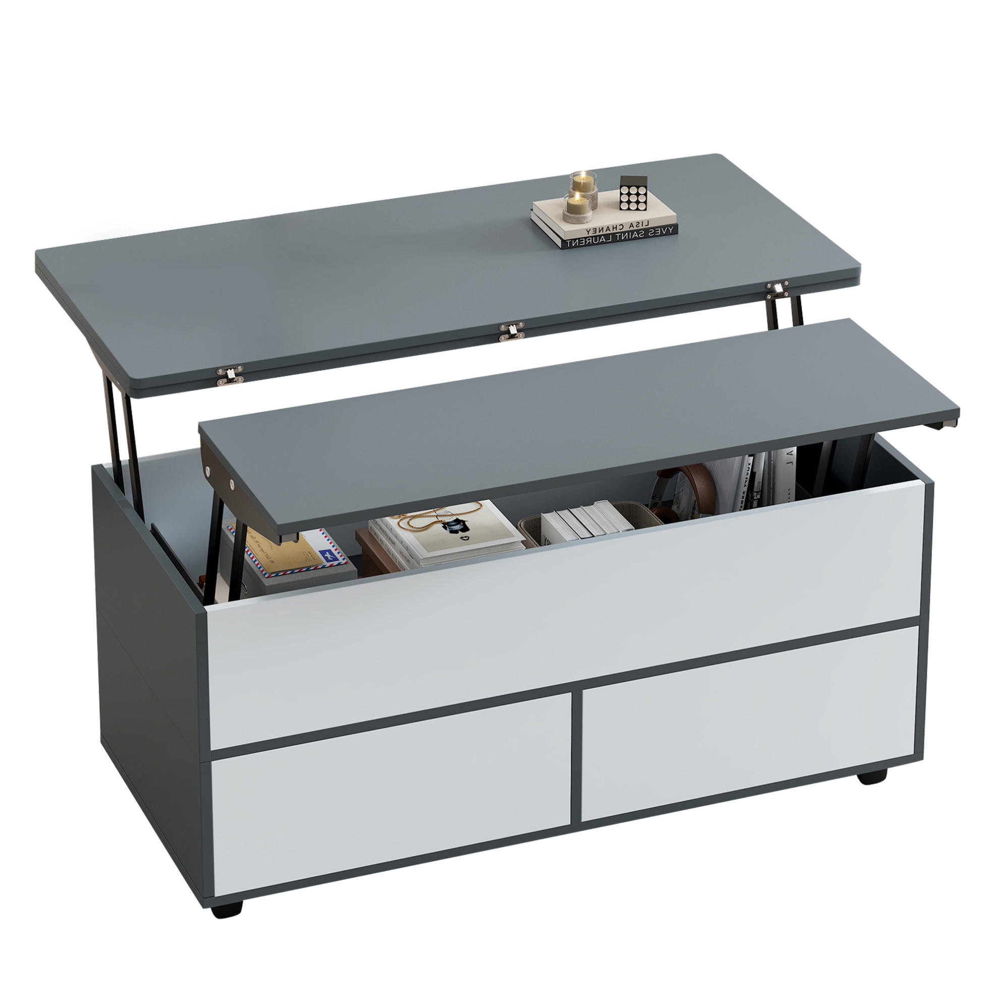 KONFERENČNÍ stolek 100/98/65 cm s hydraulickým zdvihem, úložným prostorem a kolečky, šedá a bílá - šedá, kompozitní dřevo (100/98/65cm) - Redom
