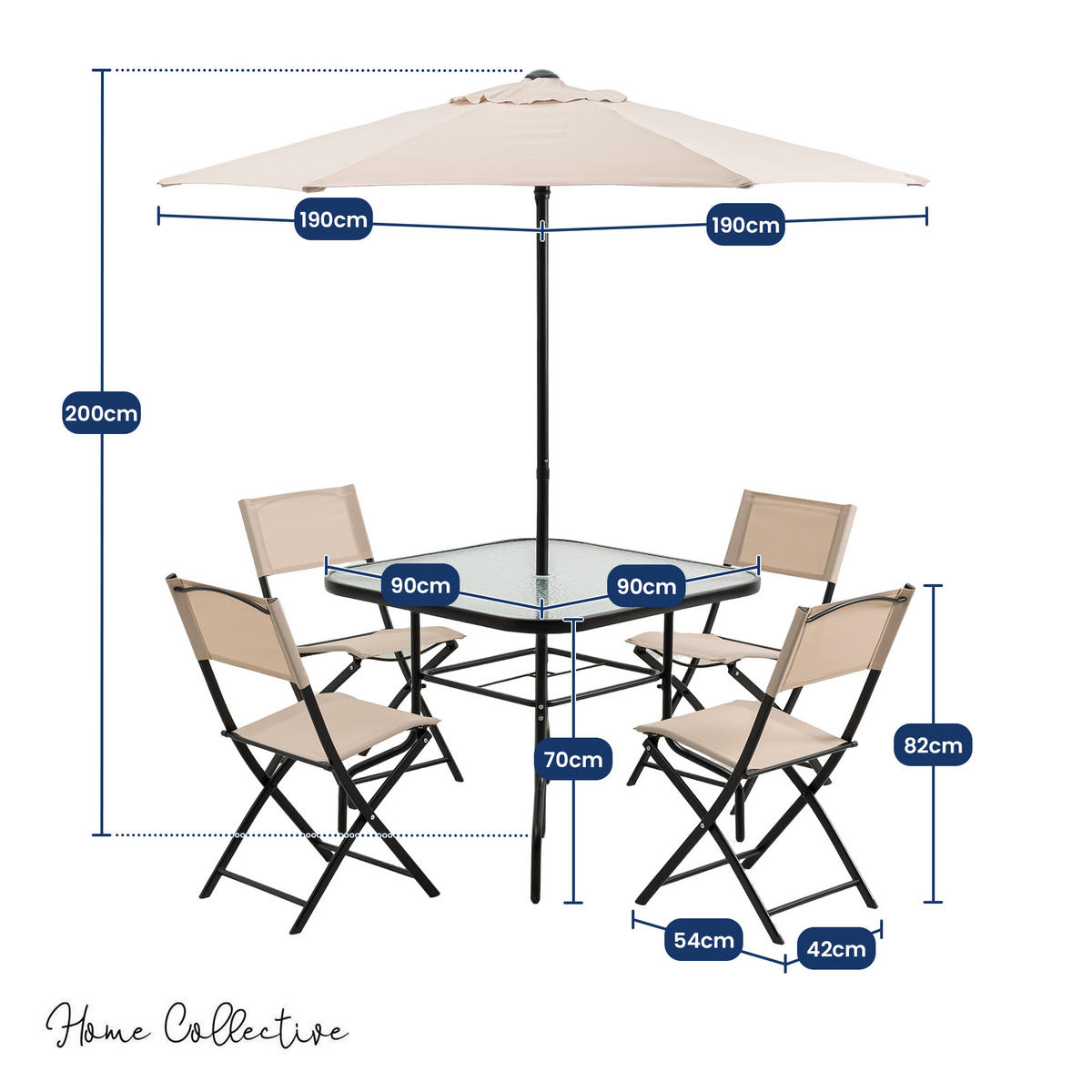 GARTENMÖBEL-SET mit 1 Esstisch. 4 Klappstühlen und 1 Aufstellschirm. Schwarz und Beige - Beige/Schwarz, Metall - Home Collective