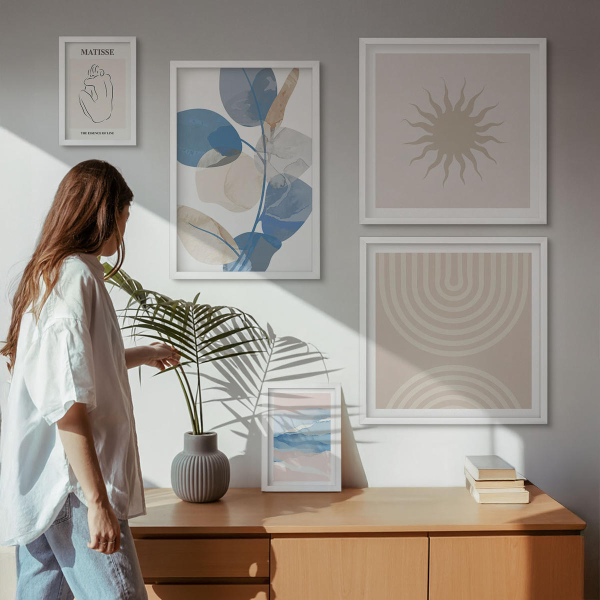 BILDER SET 5er Set - 50x50 cm & 20x30 cm & 40x60 cm Weißer Rahmen - Linien, Wellen, Pastellfarben, minimalistisch - Weiß, Kunststoff (40/60cm) - TULUP