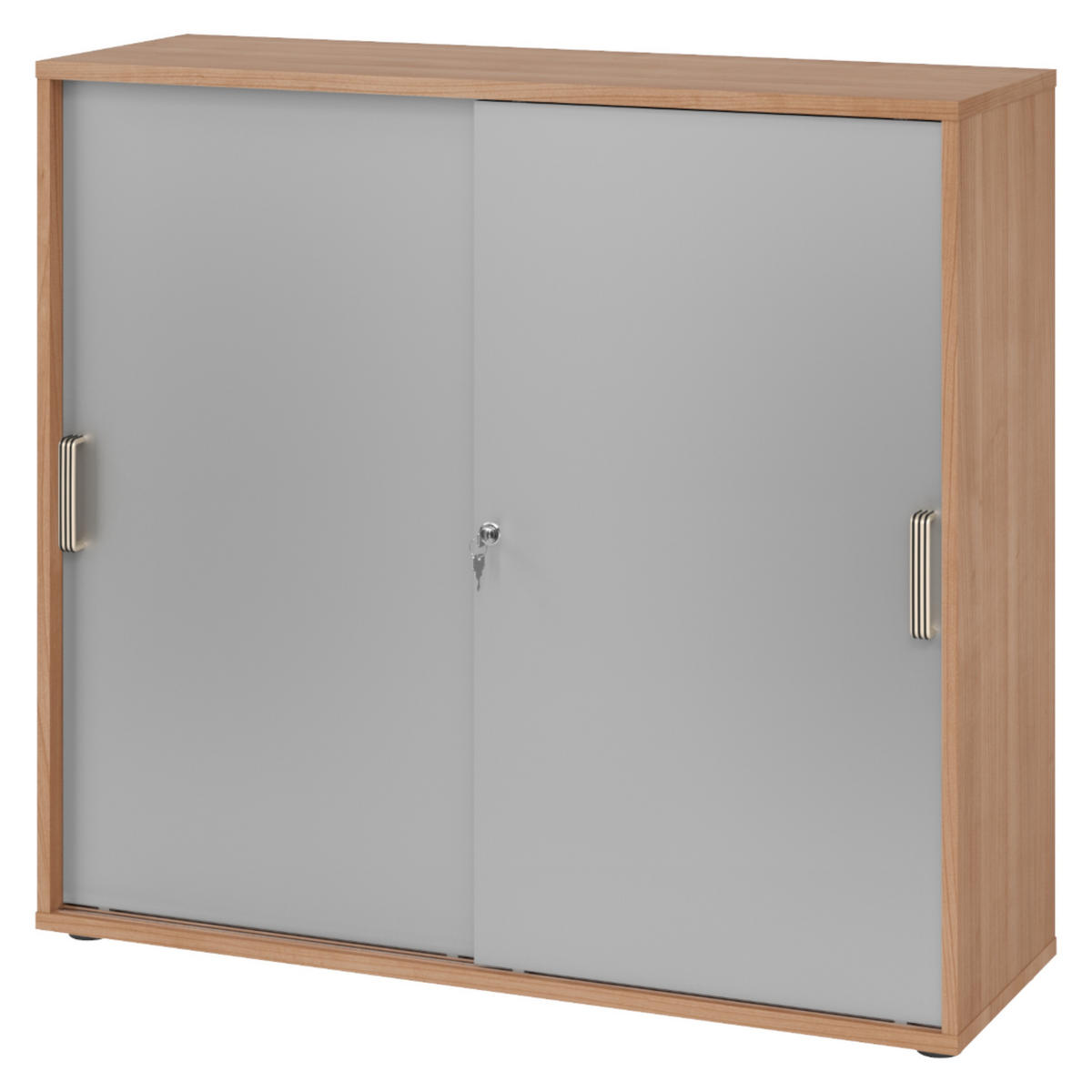 SCHIEBETÜRENSCHRANK - 3 Ordnerhöhen 40/120/110 cm in Nussbaumfarben/Silberfarben Streifengriff (Kunststoff) - Silberfarben/Nussbaumfarben, Holzwerkstoff (120/110/40cm) - bümö