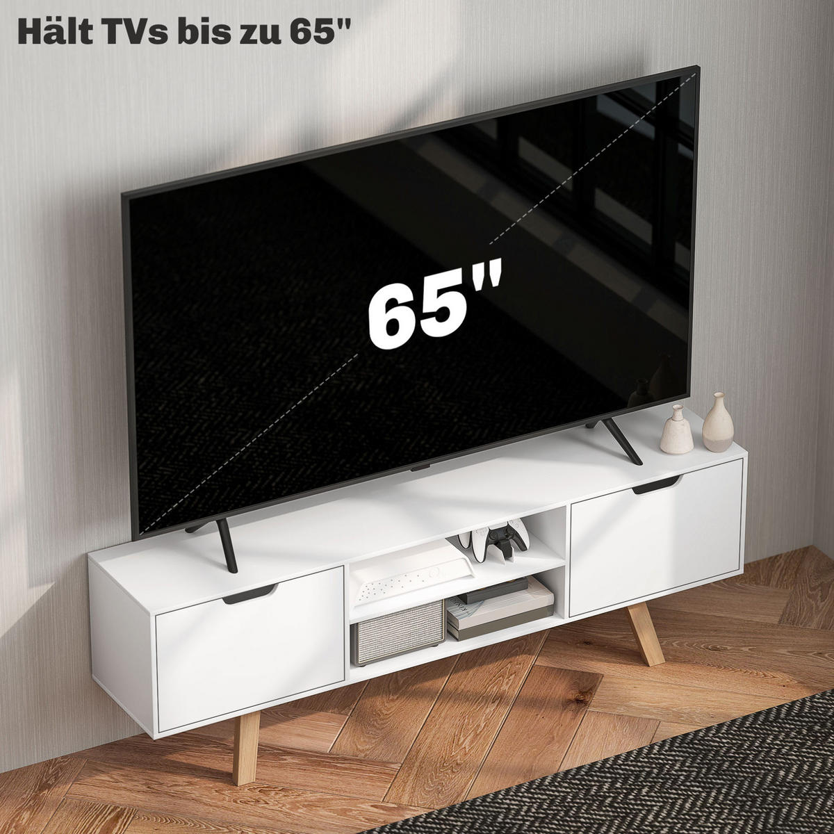 TV-SCHRANK aus Spanplatte 150x39x50 cm Weiß mit Kabelführung, 2 Schränken und offenen Regalfächern - Weiß, Holzwerkstoff (150/50/39cm) - Modfu