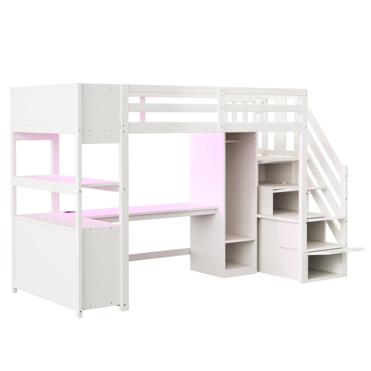 HOCHBETT 90/200 cm mit Schreibtisch, Kleiderschrank, Stauraumtreppe, LED und Steckdose aus , Weiß - Weiß, Holzwerkstoff (90/200cm) - Redom