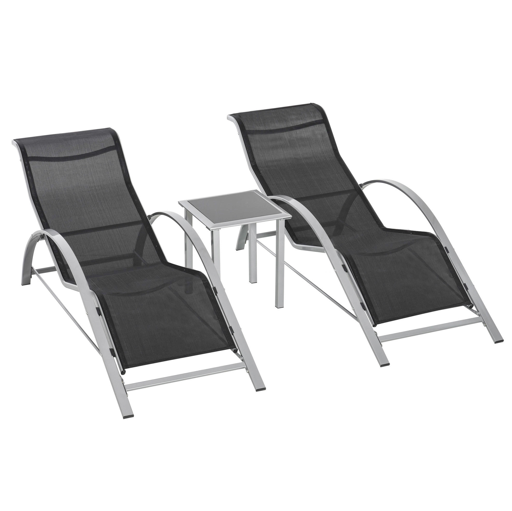 GARTENLIEGEN-SET 59/169/66 cm aus Metall mit Beistelltisch und Armlehnen, Schwarz - Schwarz, Metall - Redom