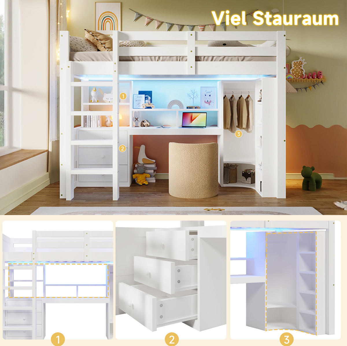 HOCHBETT aus Kiefer 90x200 cm Weiß mit LED-Beleuchtung, Schreibtisch, Kleiderschrank und Schubladen - Weiß, Holzwerkstoff (90/200cm) - Modfu
