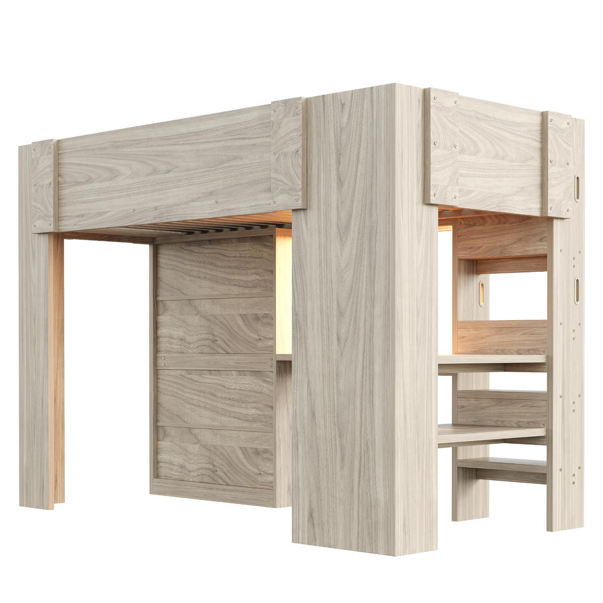 HOCHBETT 90/200 cm DE-01496, in Holzfarbe, mit Schreibtisch, Kleiderschrank, Regal und LED-Beleuchtung - Naturfarben, Holzwerkstoff (90/200cm) - ComfortXL