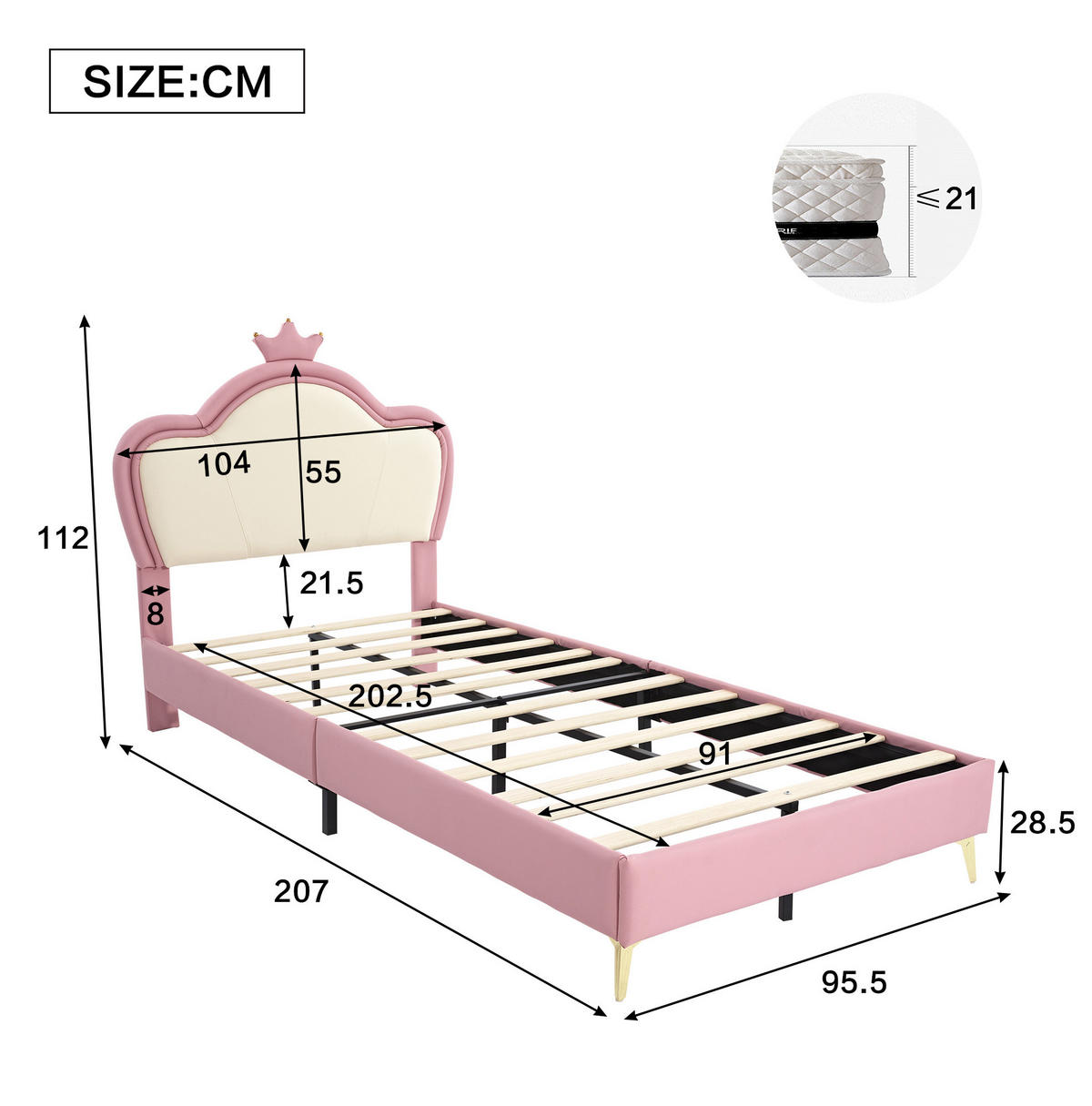 POLSTERBETT aus PU 90x200 cm Rosa/Weiß mit gepolstertem Kronen-Kopfteil und weichen Schutzkanten - Weiß, Kunststoff (90/200cm) - Modfu