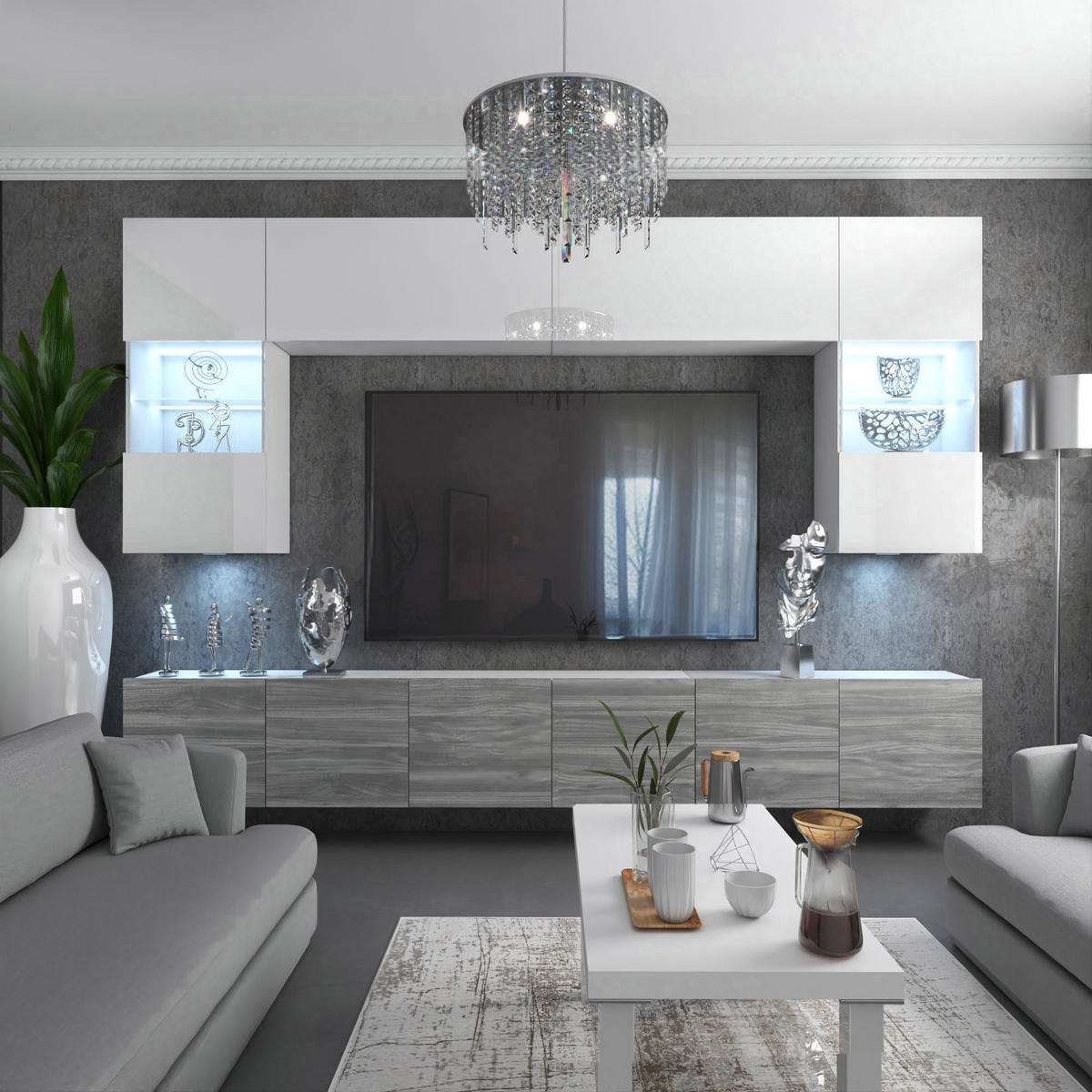 WOHNWAND Milano 1, Weiß Hochglanz/Grau Matt, 300 cm, Grifflos - Weiß, Holz (300/155/36cm) - B BELINI GROUP
