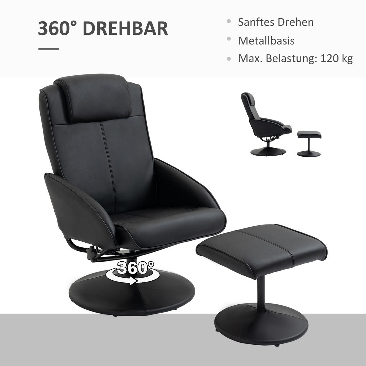 RELAXSESSEL Sessel Fernsehsessel mit Fußstütze Armsessel 360° drehbar Schwarz - Schwarz, Leder/Kunststoff (67/98/78cm) - HOMCOM