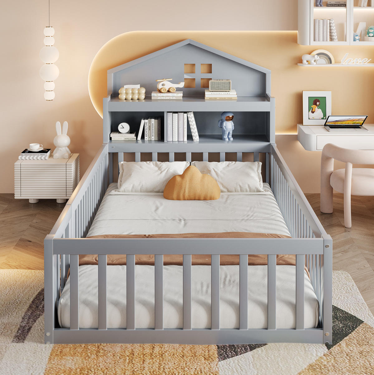 KINDERBETT in Hausform 90x200 cm Massivholz Grau mit Stauraum - Grau, Holzwerkstoff (90/200cm) - Beauniv