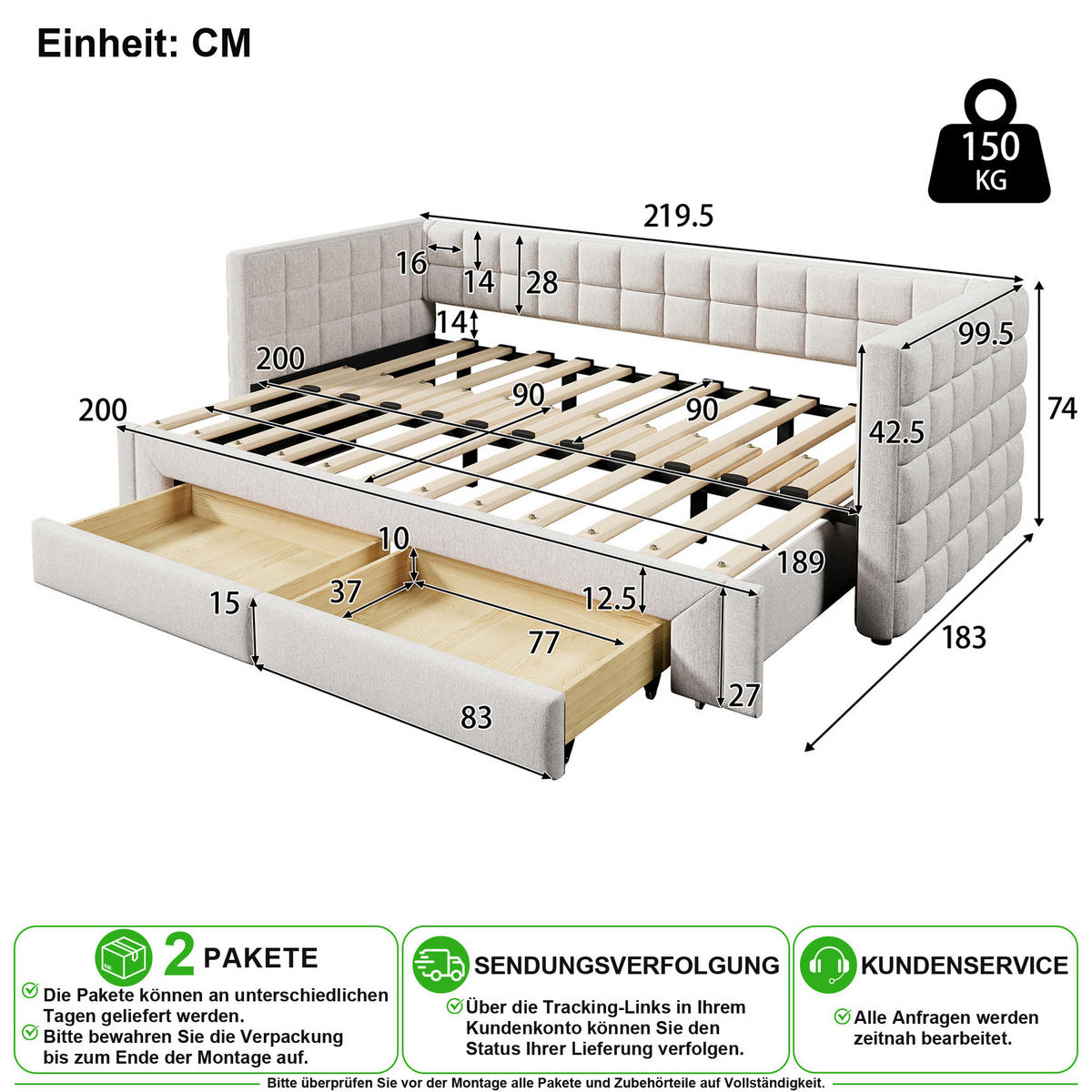 SCHLAFSOFA 90/200 cm in Beige Samt mit Ausziehfunktion und 2 Schubladen - Beige, Holzwerkstoff/Textil (90/200cm) - CHICFURN