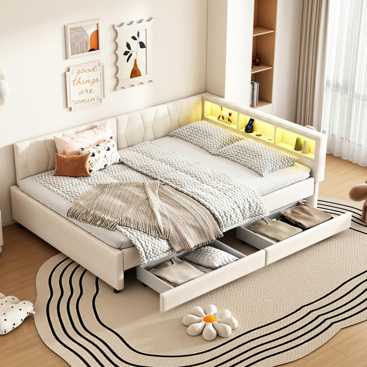 ČALÚNENÁ posteľ z ľanu a MDF 140x200 cm béžová s LED osvetlením, USB/Type C, zásuvkami a úložným priestorom - béžová, textil (140/200cm) - Modfu