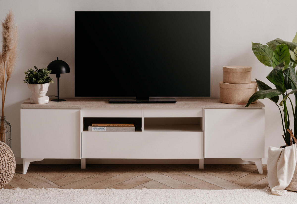 TV-LOWBOARD weiß, Sandstein 177 cm, TV-Unterteil mit 6 Fächern - Sandfarben/Weiß, Holzwerkstoff/Kunststoff (177/52/40cm) - Furn.Design