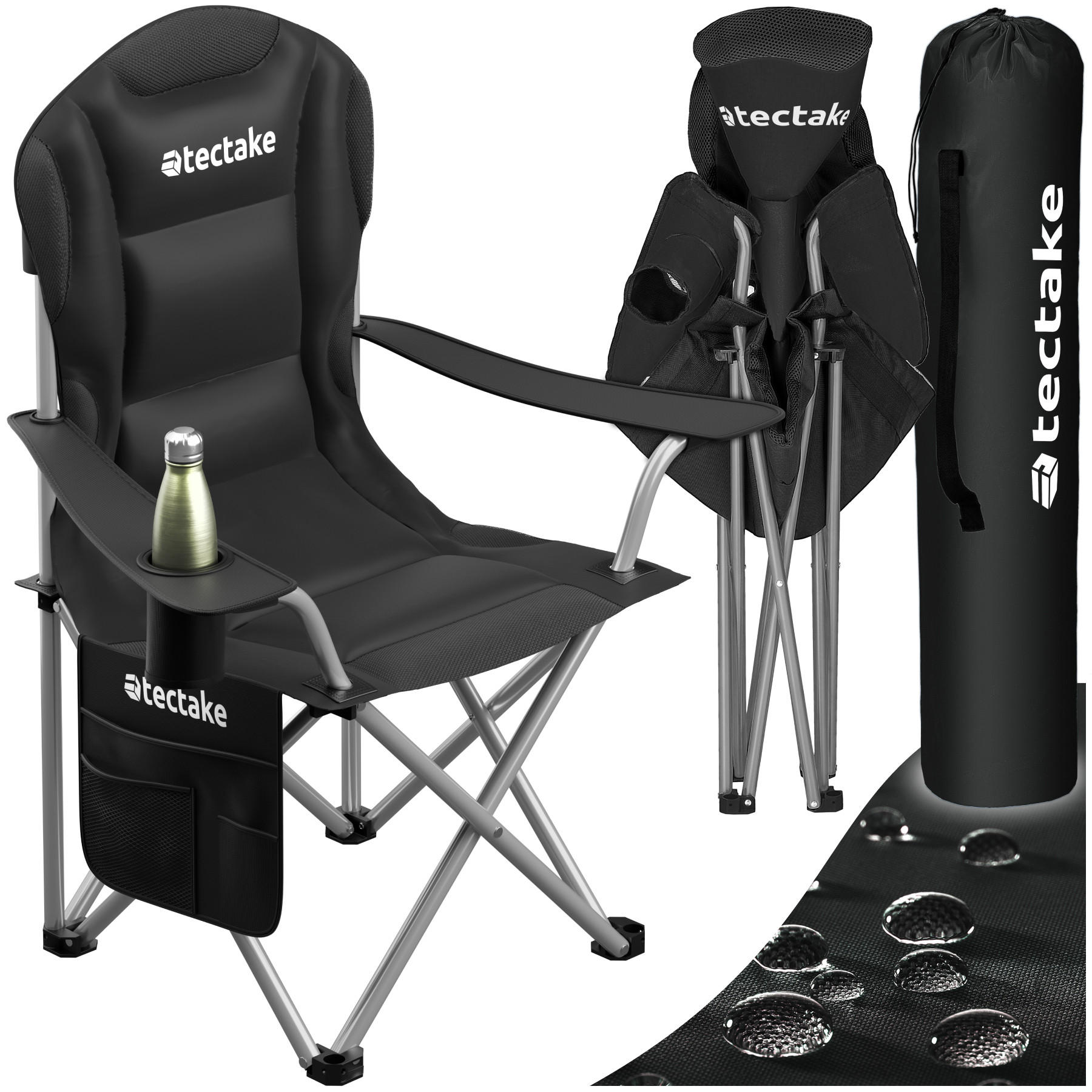 CAMPINGSTUHL gepolstert Mtx,88,5 x 55 x 103 cm, Belastbarkeit 120 kg,schwarz - Schwarz, Textil (88.5/103/55cm) - tectake