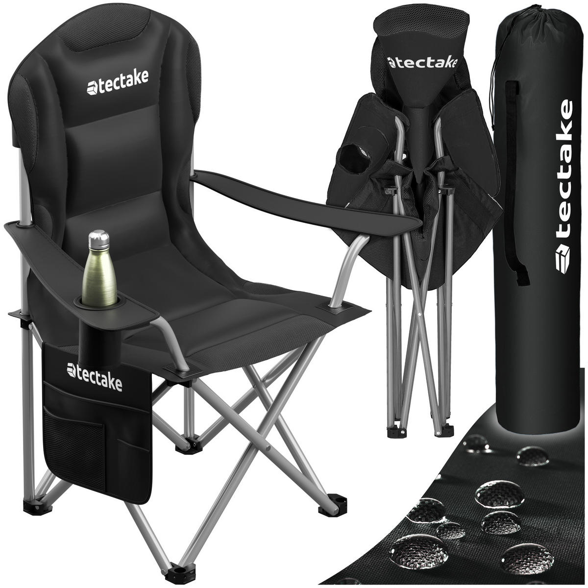 CAMPINGSTUHL gepolstert Mtx,88,5 x 55 x 103 cm, Belastbarkeit 120 kg,schwarz - Schwarz, Textil (88.5/103/55cm) - tectake