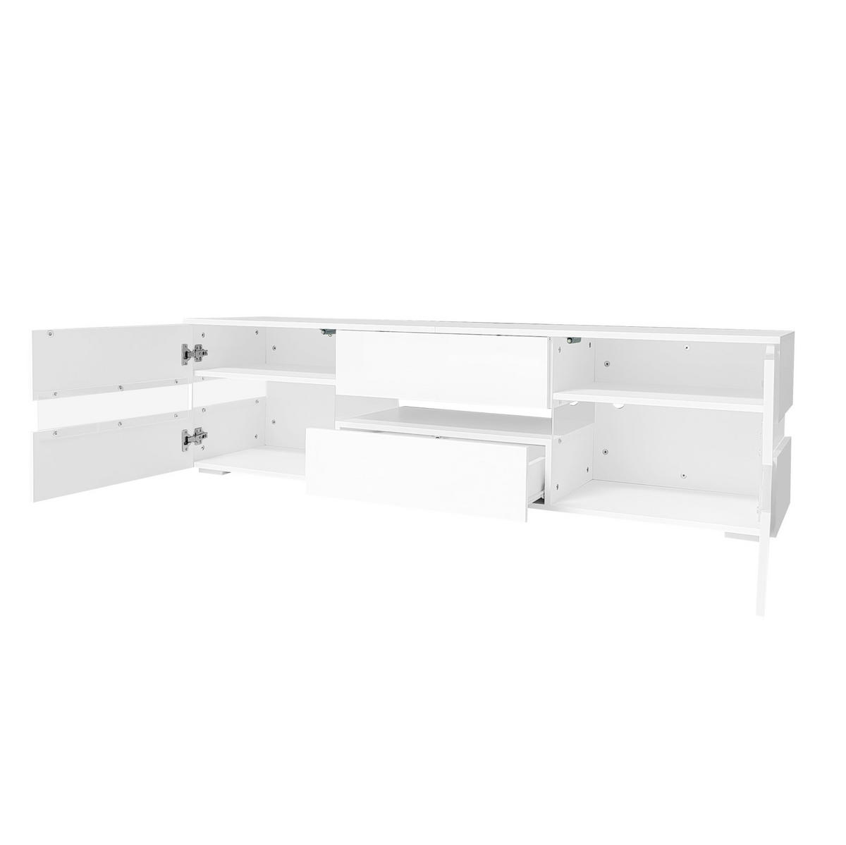 TV-LOWBOARD aus Spanplatte 160x39x45 cm Weiß mit LED-Beleuchtung, Drucköffnung und Hochglanzfront - Weiß, Holzwerkstoff (160/45/39cm) - Modfu