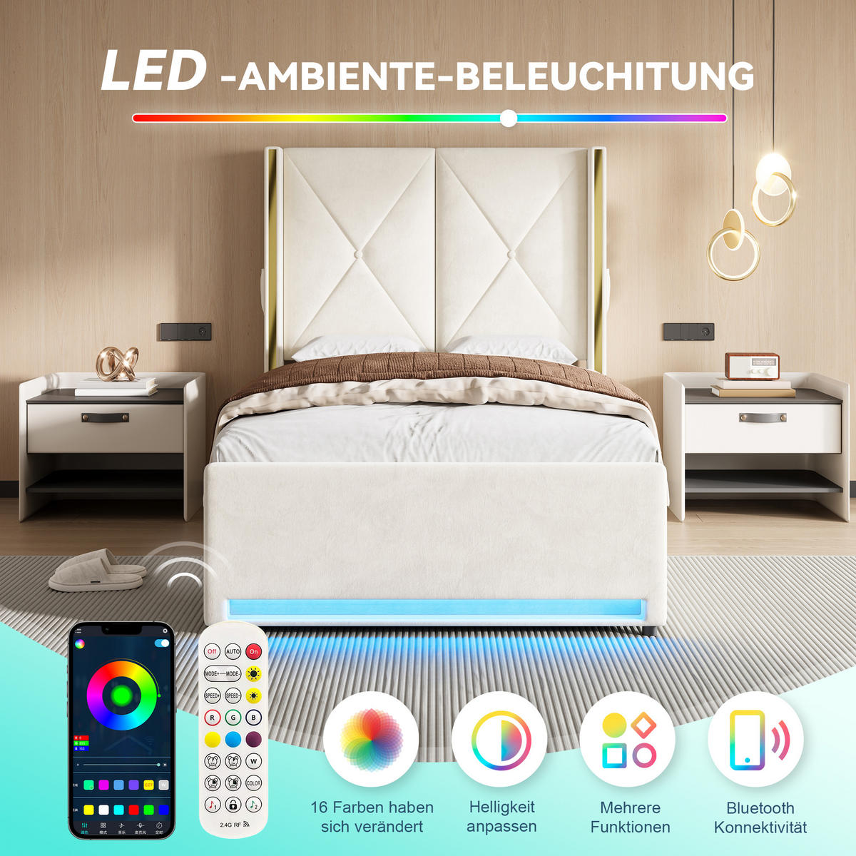 POLSTERBETT 90/200 cm in Beige Samt mit Bettkasten, LED, USB und Type-C - Beige, Holzwerkstoff/Textil (90/200cm) - WISHDOR