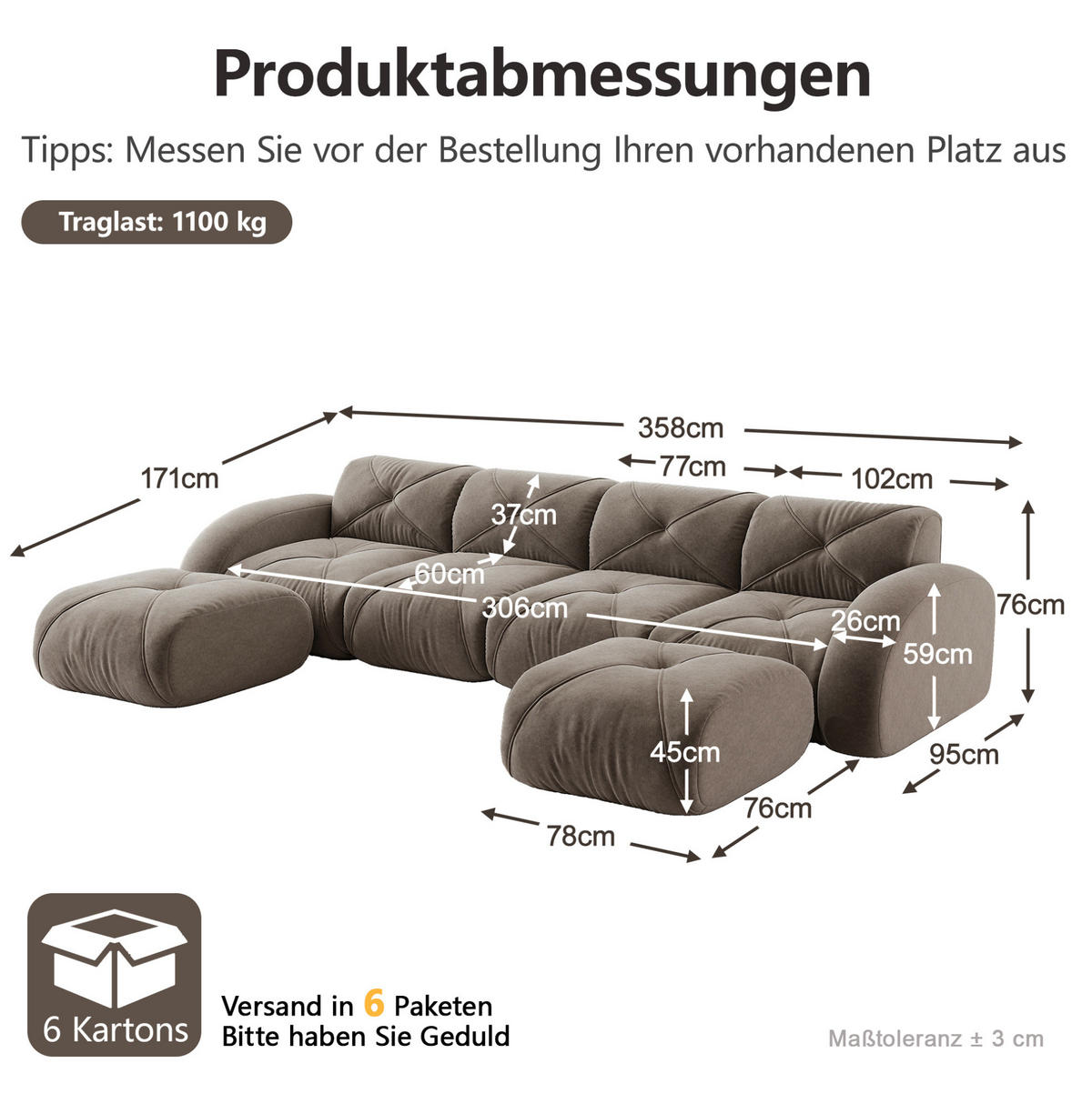 WOHNLANDSCHAFT 358/171/76 cm in Taupe aus Chenille mit Hockern und rahmenlosem Design - Taupe, Textil (171/76/358cm) - Flora Grace