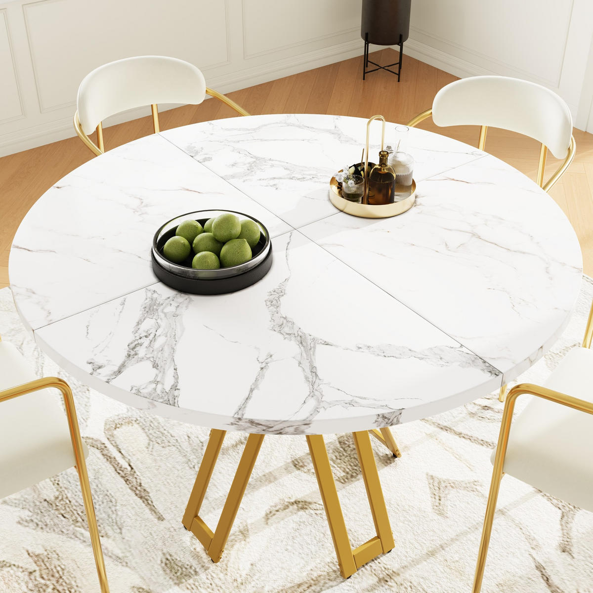 ESSTISCH 100x100x76 cm in Weiß und Gold aus MDF mit Marmoroptik auf goldfarbenen Metallbeinen - Goldfarben, Holzwerkstoff (100/100/76cm) - Modfu