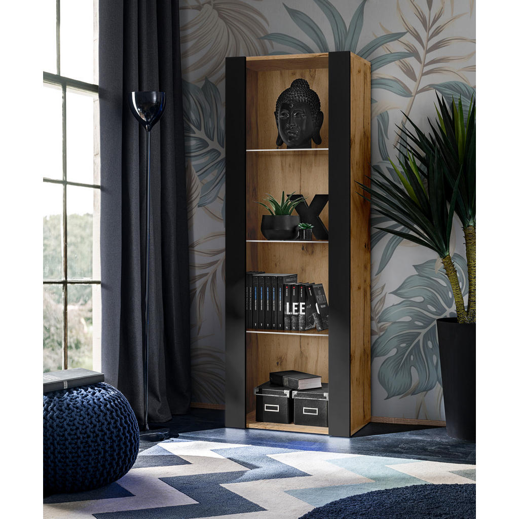 Thumbnail - Komodee Vitrine, Eiche Wotan, Schwarz, Glas, Holz Optik, 3 Fächer, Rechteckig, 55x159x35 cm, Wohnzimmer, Wohnwände, Vitr...