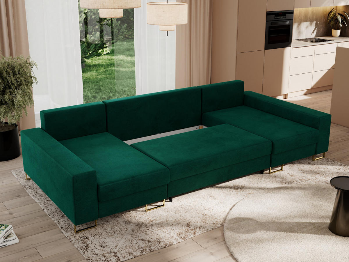 WOHNLANDSCHAFT DORIAN U Velvet Dunkelgrün - Dunkelgrün/Goldfarben, Textil/Metall (312/95/138cm) - MKS