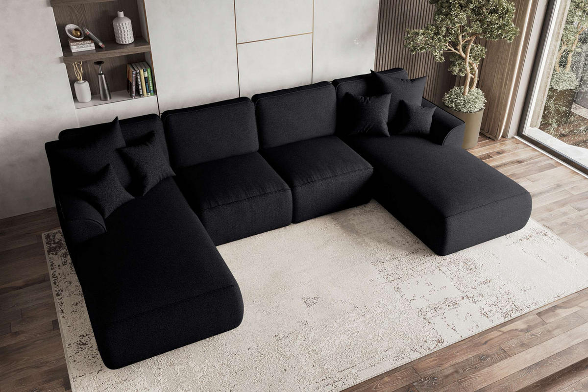 WOHNLANDSCHAFT GUSTO Strukturstoff Schwarz inkl. Schlaffunktion - Chromfarben/Schwarz, Kunststoff/Textil (306/96/194cm) - 99rooms