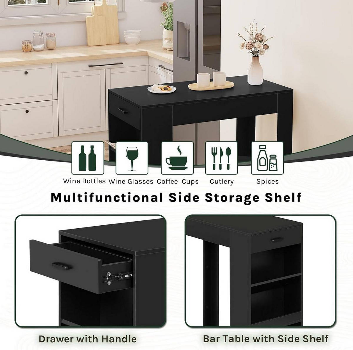 BARTISCH mit 1 Schublade 3 Ablagen, Weinregal, Schwarz - Schwarz, Holzwerkstoff (100/100/50cm) - Woltu