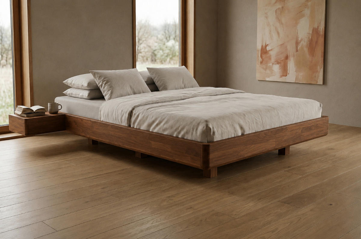 MASSIVHOLZBETT Lena Flat mit 2 Nachttischen, 120/200, Buche - lackiert, Nussbaumfarbe - Walnussfarben, Holz/Buchenholz (120/200cm) - Visby