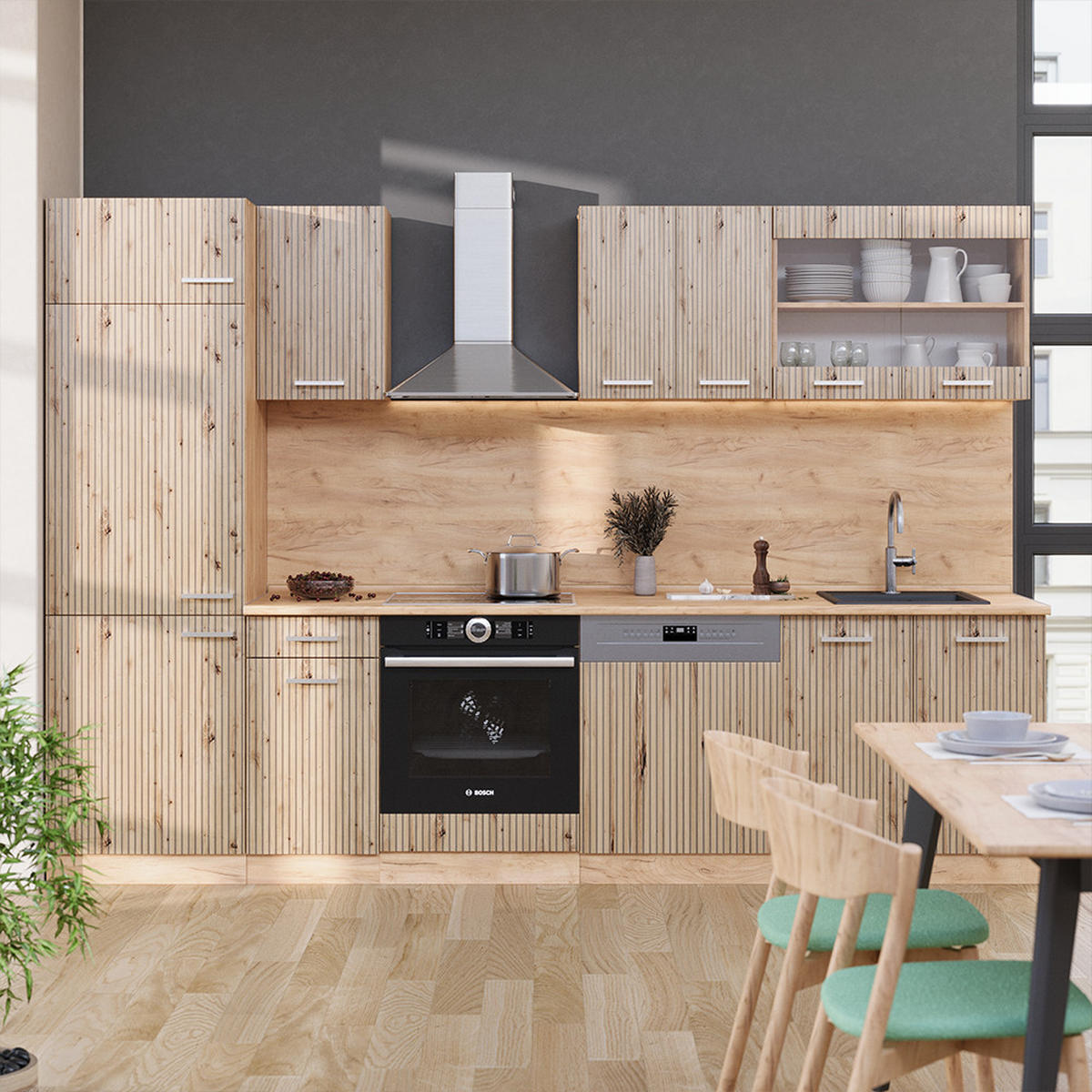 KÜCHE R-Line Artisan-Eiche/Goldkraft Eiche 300 cm, AP Marmor - Eiche Wotan/Eiche Artisan, Holzwerkstoff (300/81.6/60cm) - Vicco