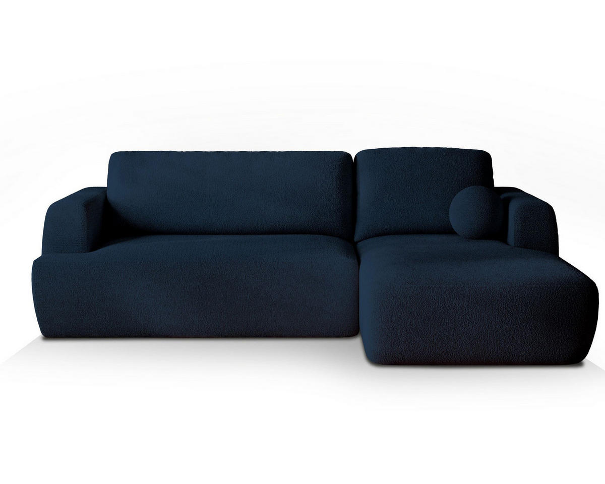 ECKSOFA SENTI N R-S Blau Boucle-Stoff mit Schlaffunktion - Blau, Holz (246/148cm) - MASSENO