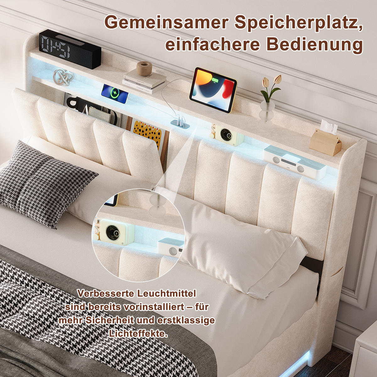 POLSTERBETT 160/200 cm, Beige, mit Stauraum, Bett für Erwachsene - Beige/Naturfarben, Holz/Metall (160/200cm) - FURNISHINGS HOME