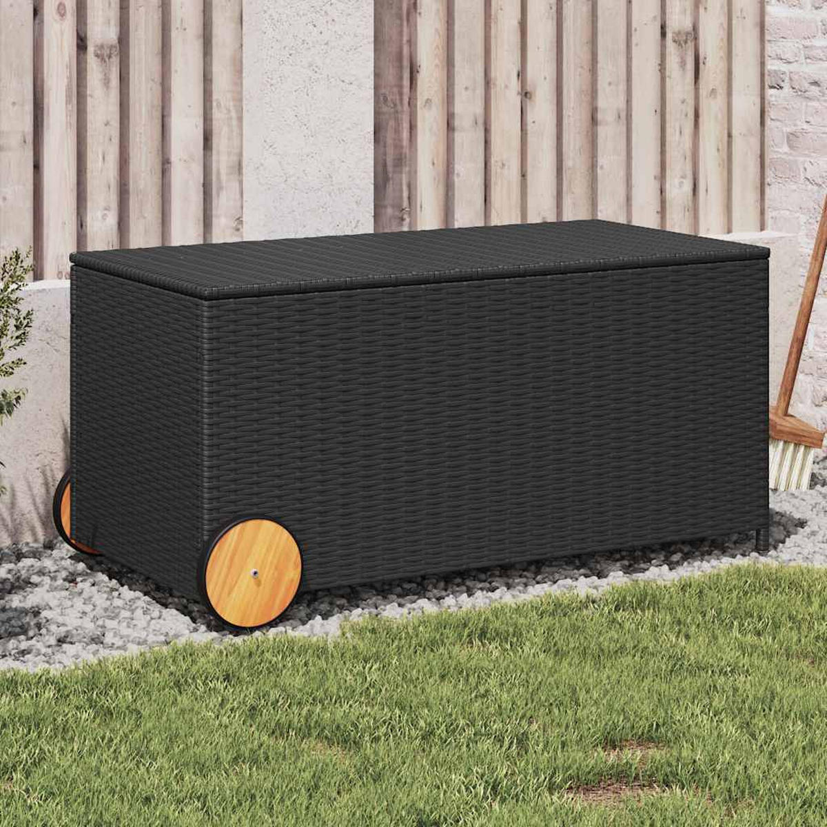 GARTENTRUHE mit Rollen Schwarz 190L Poly Rattan - Schwarz, Kunststoff (107/100/55cm) - furnicato