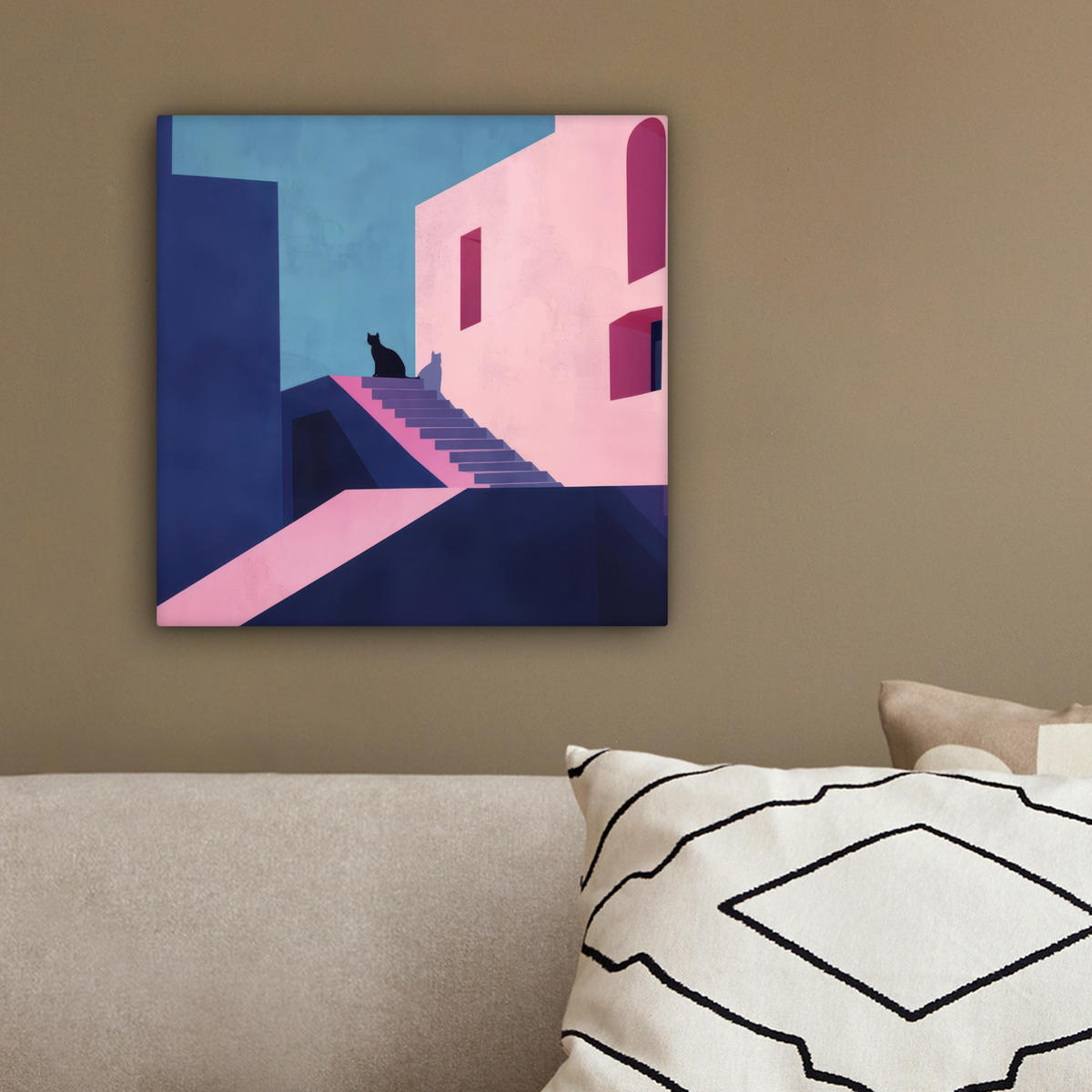 LEINWANDBILD Katze - Treppe - Gebäude - Schattenkontraste Deko Wohnzimmer 20x20 cm - Dunkelblau, Textil (20/20cm) - MuchoWow