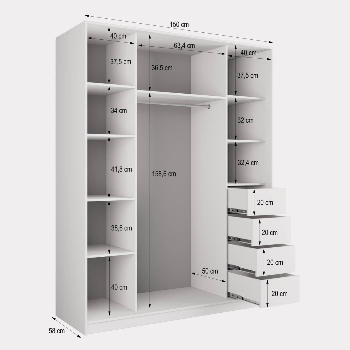 SCHWEBETÜRENSCHRANK TARI 150/205/58 cm 3-türig mit Spiegel und Schubladen Weiß - Schwarz/Weiß, Holzwerkstoff (150/205/58cm) - MASSENO