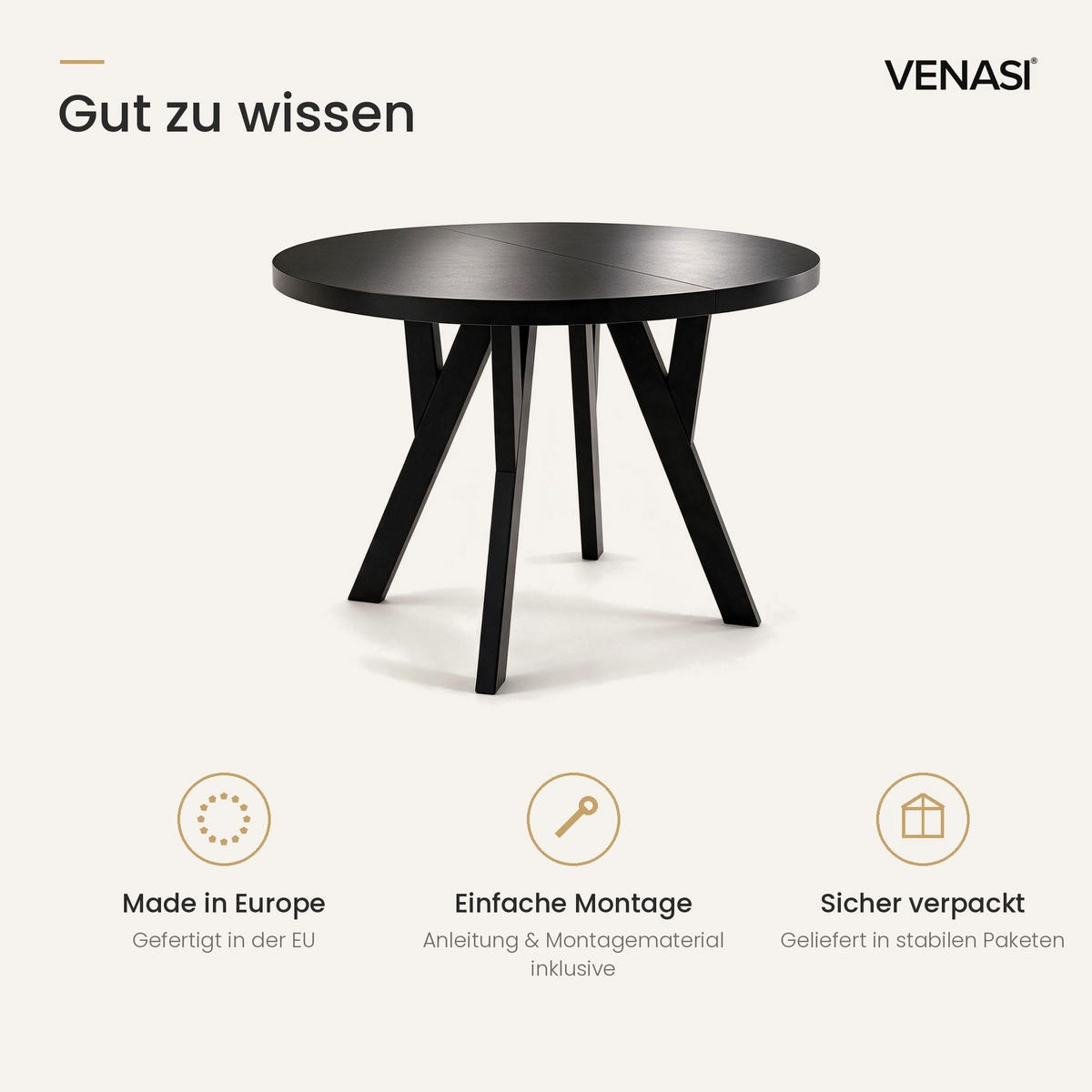 ESSTISCH ausziehbar rund 90-190 cm ATO Schwarz, Auszugstisch mit Einlegeplatte - Schwarz, Holzwerkstoff (90/90/77cm) - VENASI MÖBEL