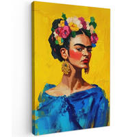 LEINWANDBILD Frida Kahlo - Frau - Gelb - Blau - Blumen 80x120 cm - Gelb, Textil (80/120cm) - MuchoWow