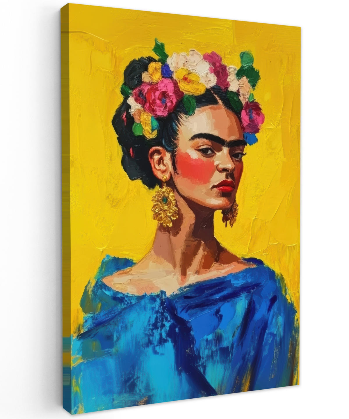 LEINWANDBILD Frida Kahlo - Frau - Gelb - Blau - Blumen 80x120 cm - Gelb, Textil (80/120cm) - MuchoWow