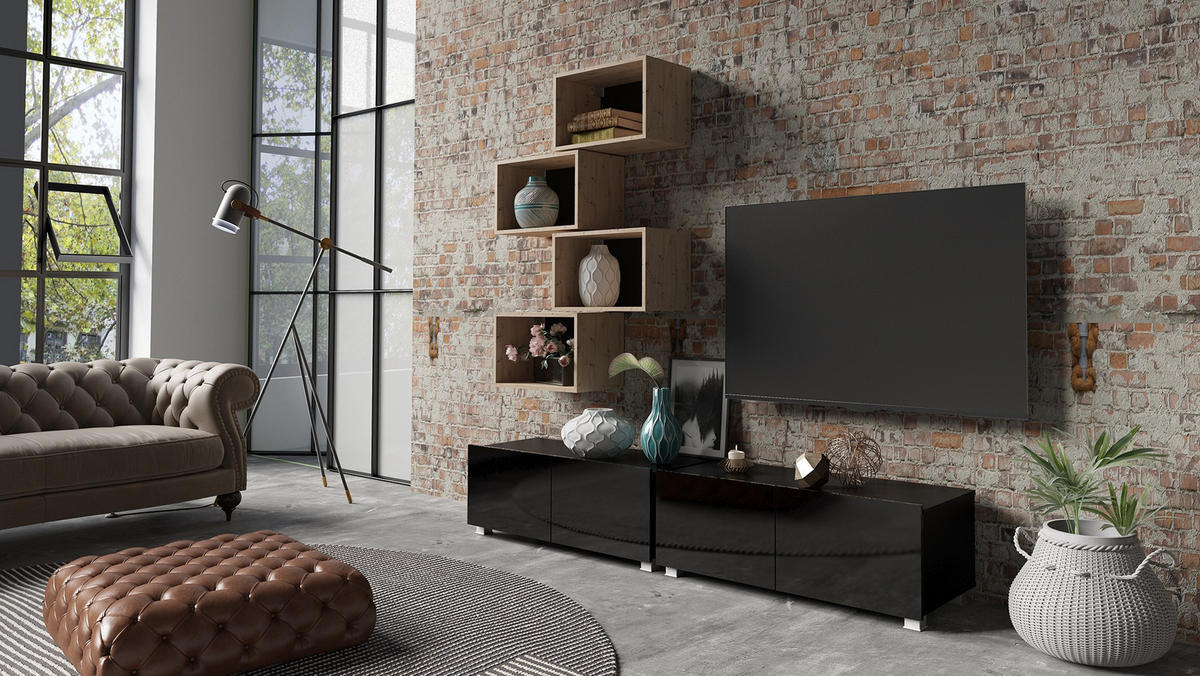 RTV-SCHRANK Bird Schwarz, zweitüriger TV-tisch - Silberfarben/Schwarz, Holzwerkstoff (100/37/43cm) - Bettso