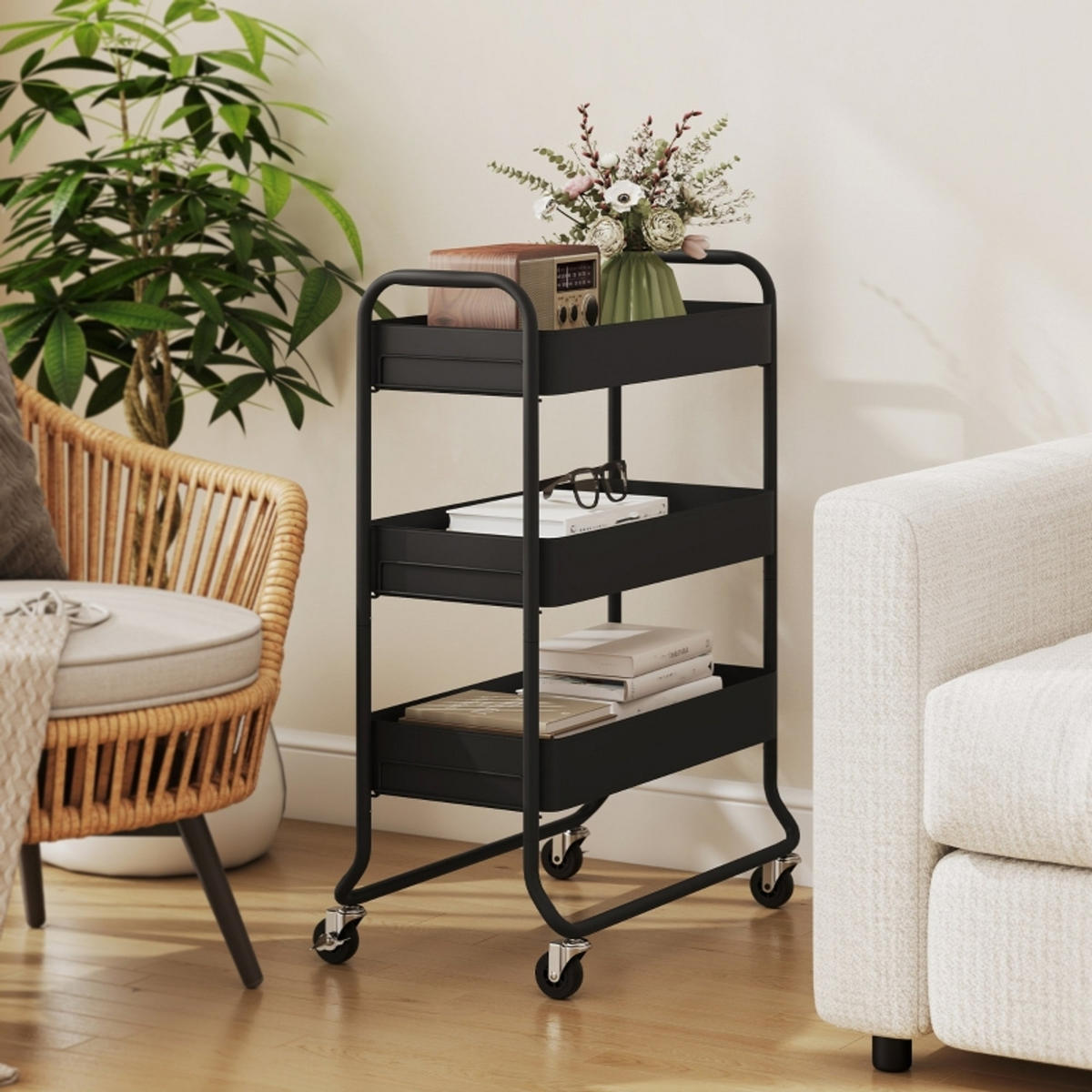 KÜCHENWAGEN Metall Schwarz, ROLLWAGEN MIT 3 KÖRBEN, Für Küche Und Wohnzimmer - Schwarz, Holzwerkstoff (34/87/64.5cm) - Rolipo