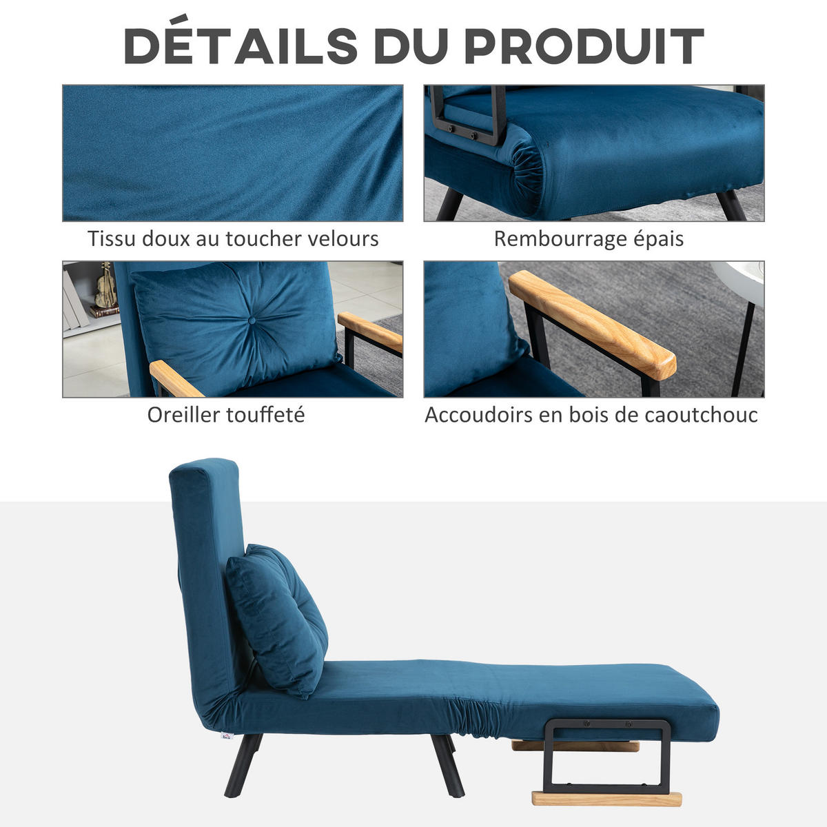 SCHLAFSESSEL 3-in-1 DE-14561 5-fach verstellbar, mit Holzarmlehnen Blau - Blau, Textil (73/81/63cm) - ComfortXL