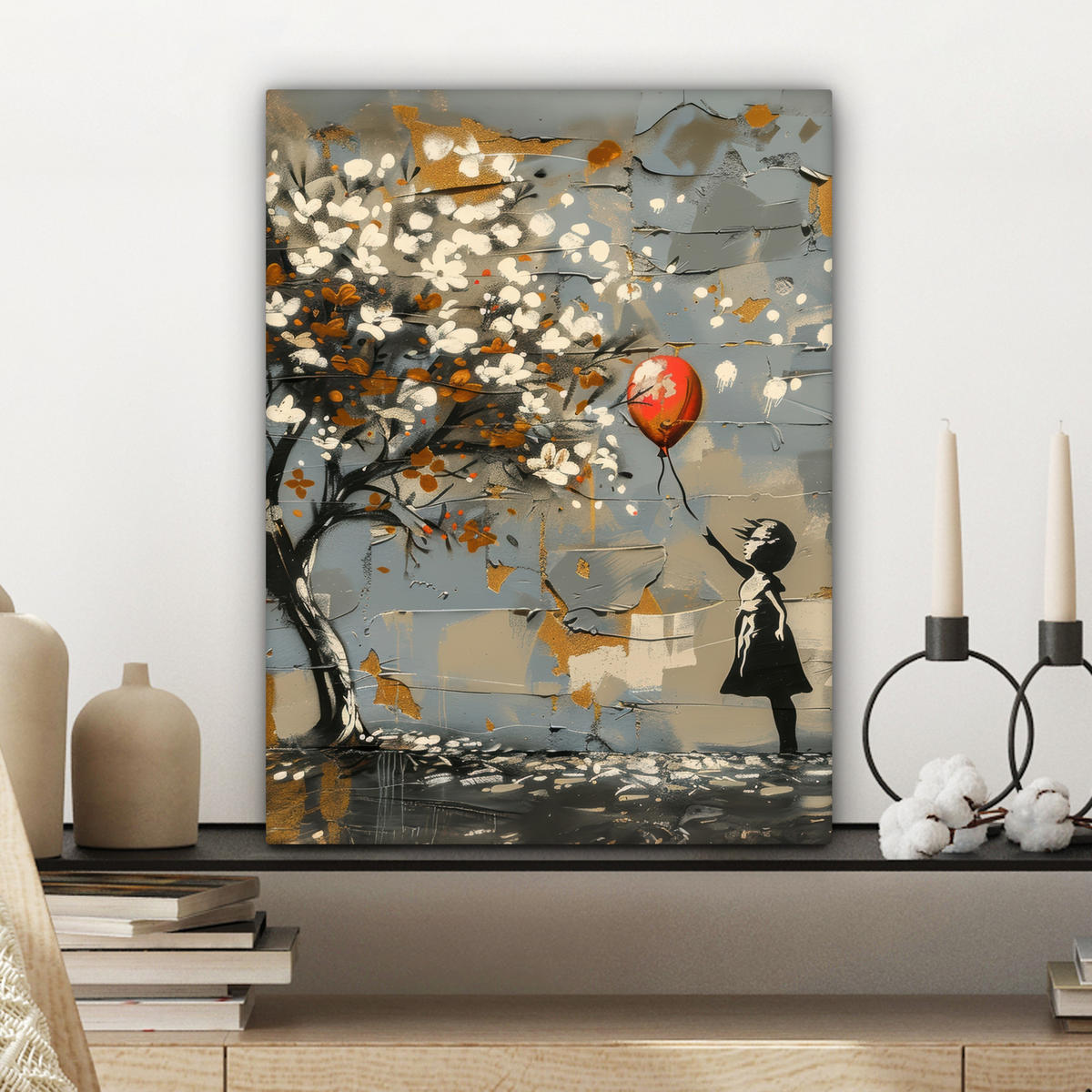 LEINWANDBILD Baum - Graffiti - Banksy-Stil - Ballon-Mädchen Room Decor 30x40 cm - Blaugrau, Textil (30/40cm) - MuchoWow