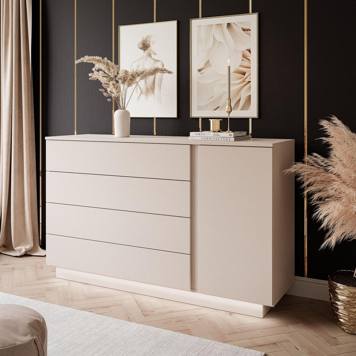 KOMMODE LINA KASCHMIR II 1D4S mit LED-Beleuchtung Push-Open-System - Kaschmir/Beige, Holzwerkstoff (138/84/40cm) - Lookway