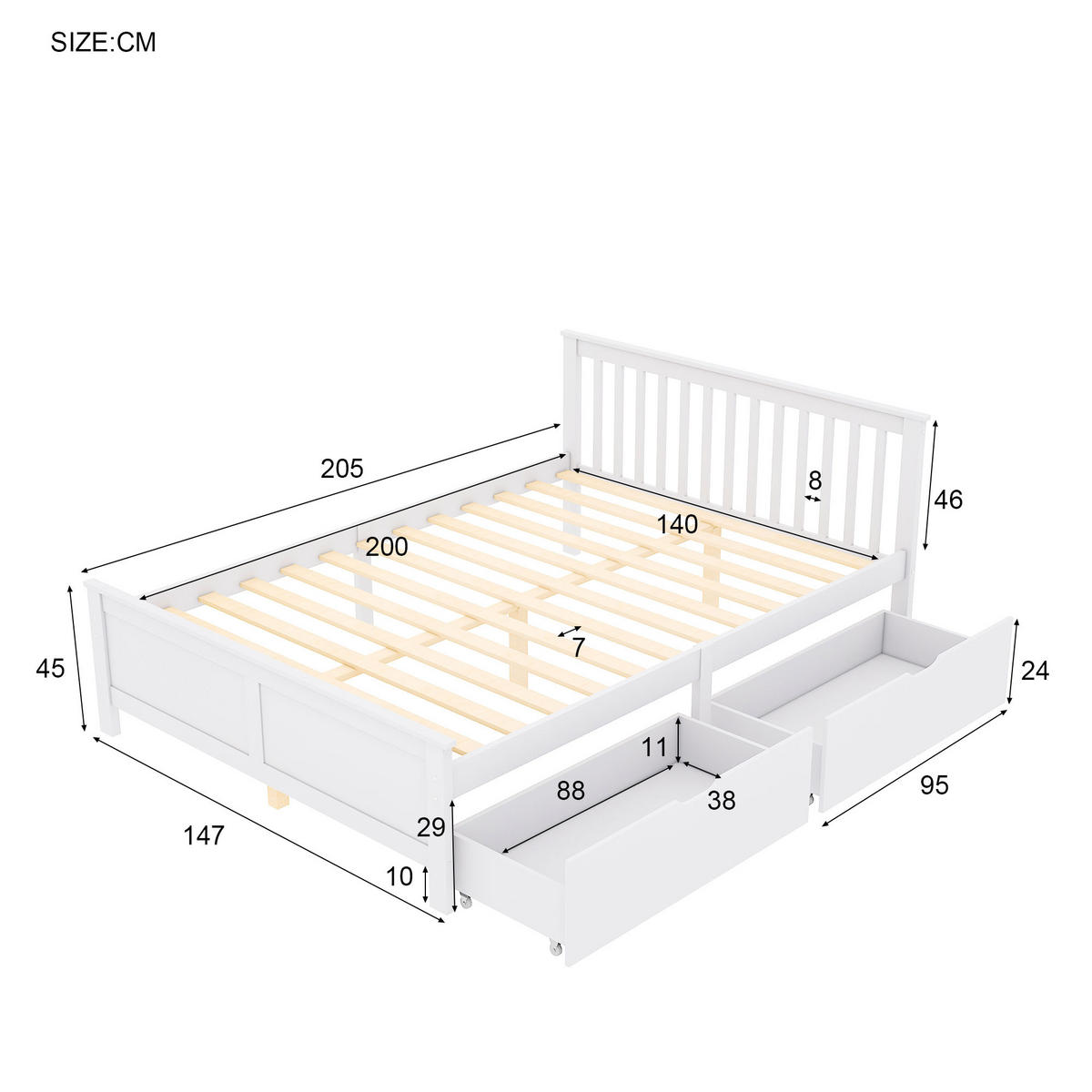 DOPPELBETT 140/200 cm Weiß Kiefernholz mit Schubladen zur Aufbewahrung - Weiß, Holz (140/200cm) - OKWISH