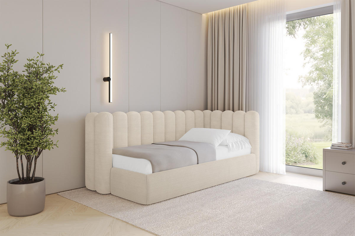 EINZELLBETT Jugendbett mit Bettkasten und Matratze H3/H4, Links - HUGY 100x200 Beige - Creme, Holzwerkstoff/Textil (100/200cm) - ALTDECOR