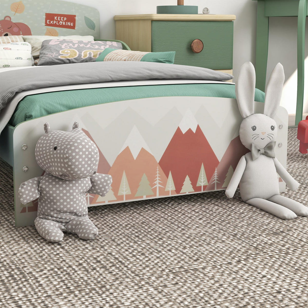 KINDERBETT 140x70 cm DE-14636 mit Sicherheitsbarrieren, Tiermotiv Grün - Grün, Holzwerkstoff (70/140cm) - ComfortXL