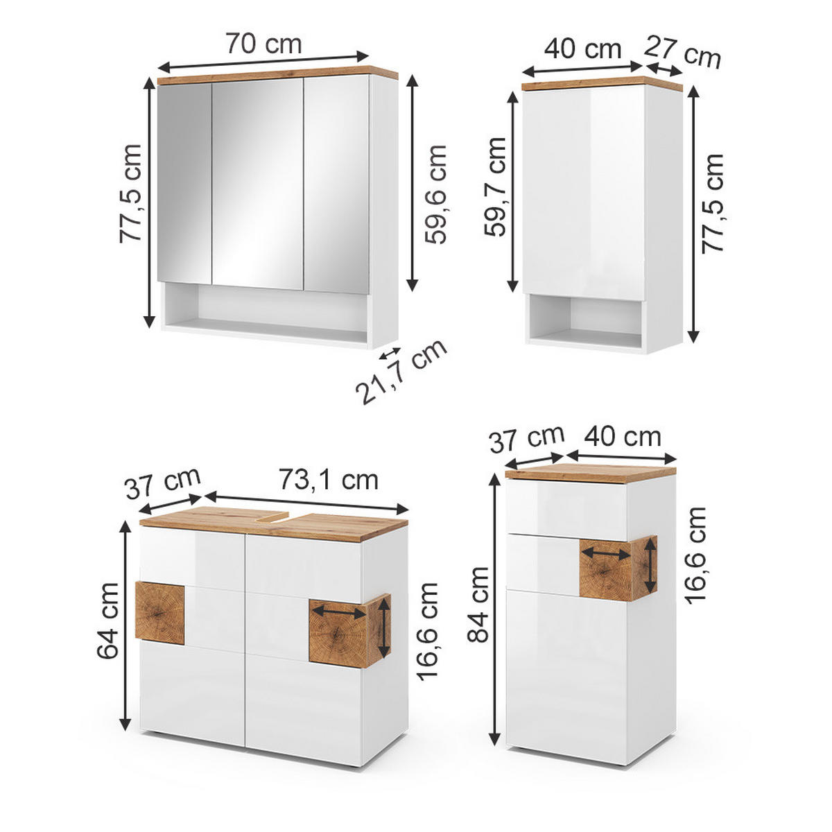 BADMÖBEL-SET Eden Weiß 4 Teile - Weiß Hochglanz, Holzwerkstoff (73/64/37cm) - Vicco