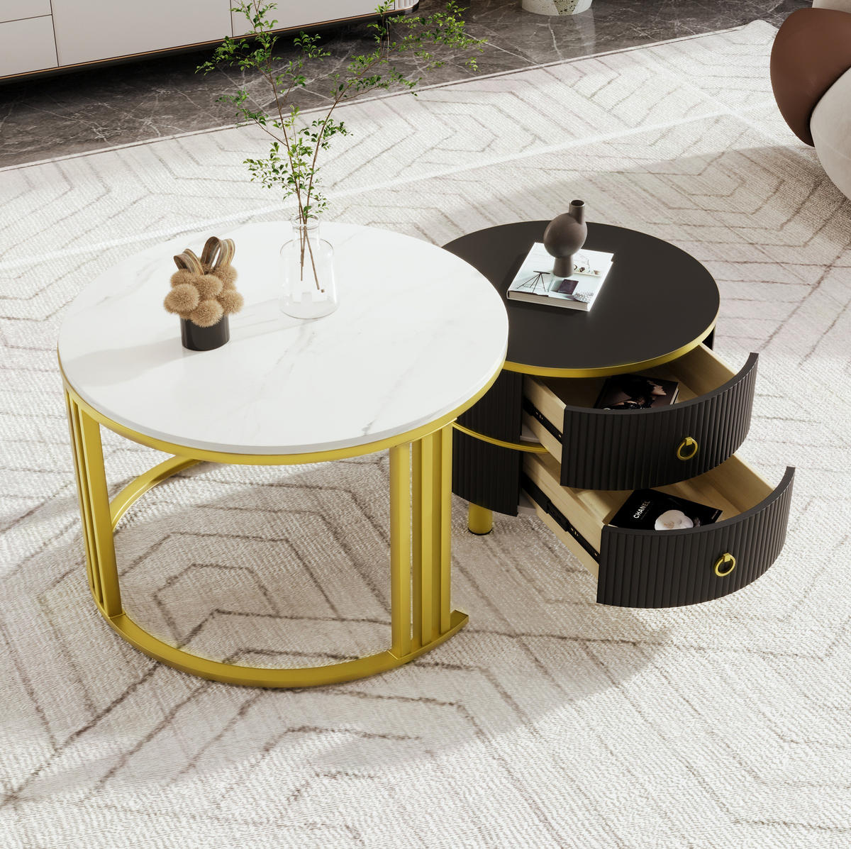 KOMMODE, 2‑teiliger runder Couchtisch aus MDF mit Marmormuster und Hochglanz, 70/70/46 + 50/50/40 cm, Gold und Schwarz - Schwarz, Holzwerkstoff (70/70/46cm) - Redom