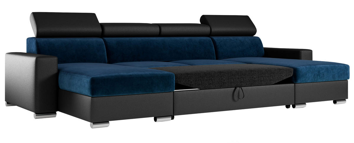 WOHNLANDSCHAFT FOX U Dunkelblau/Schwarz - Velvet/Kunstleder - Silberfarben/Schwarz, Kunststoff/Textil (306/98/168cm) - MKS