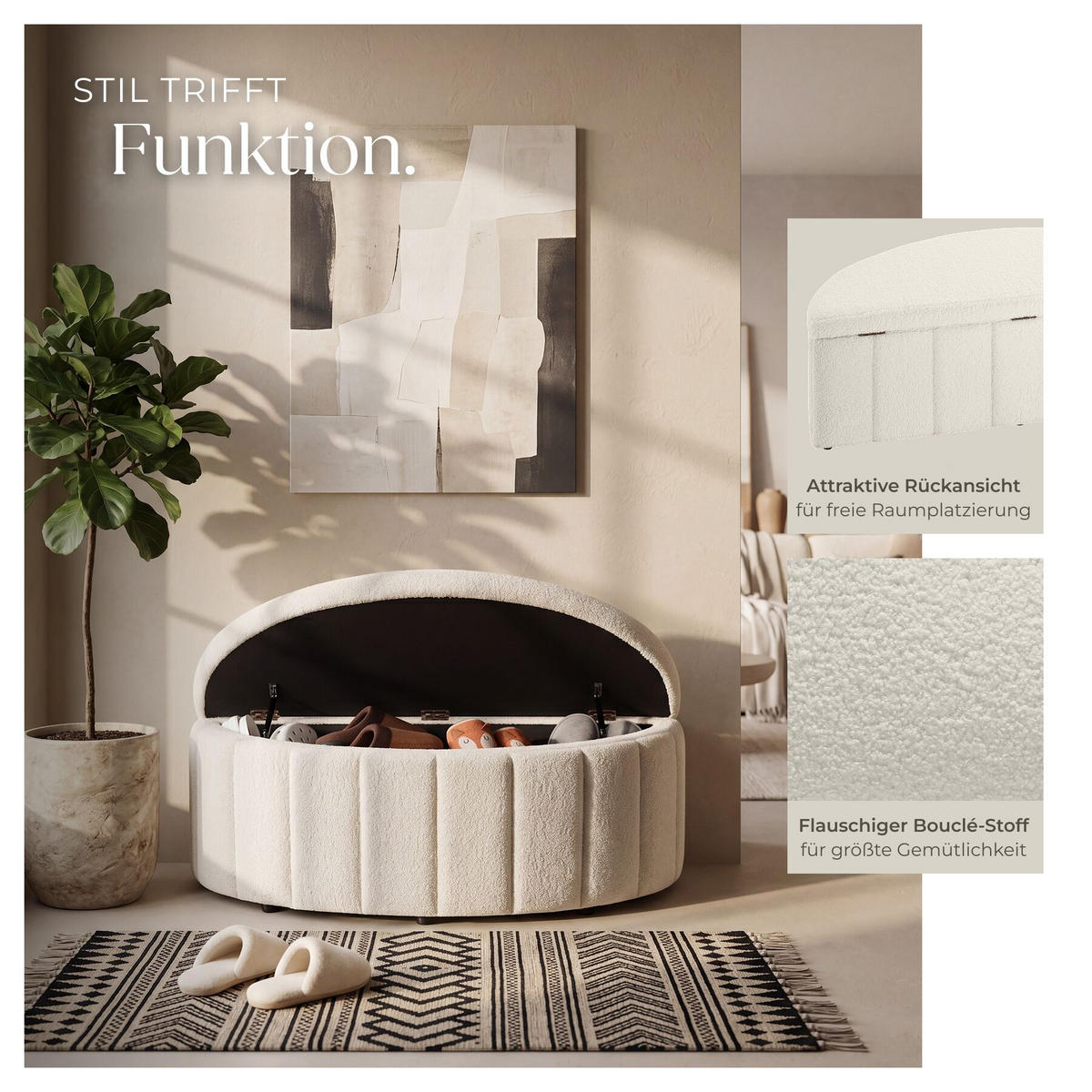 POLSTERBANK Moon mit großem Stauraum, Belastbarkeit 150 kg, 108 x 48 x 38,5 cm, Bouclé creme - Creme, Holz (108/40/48cm) - tectake